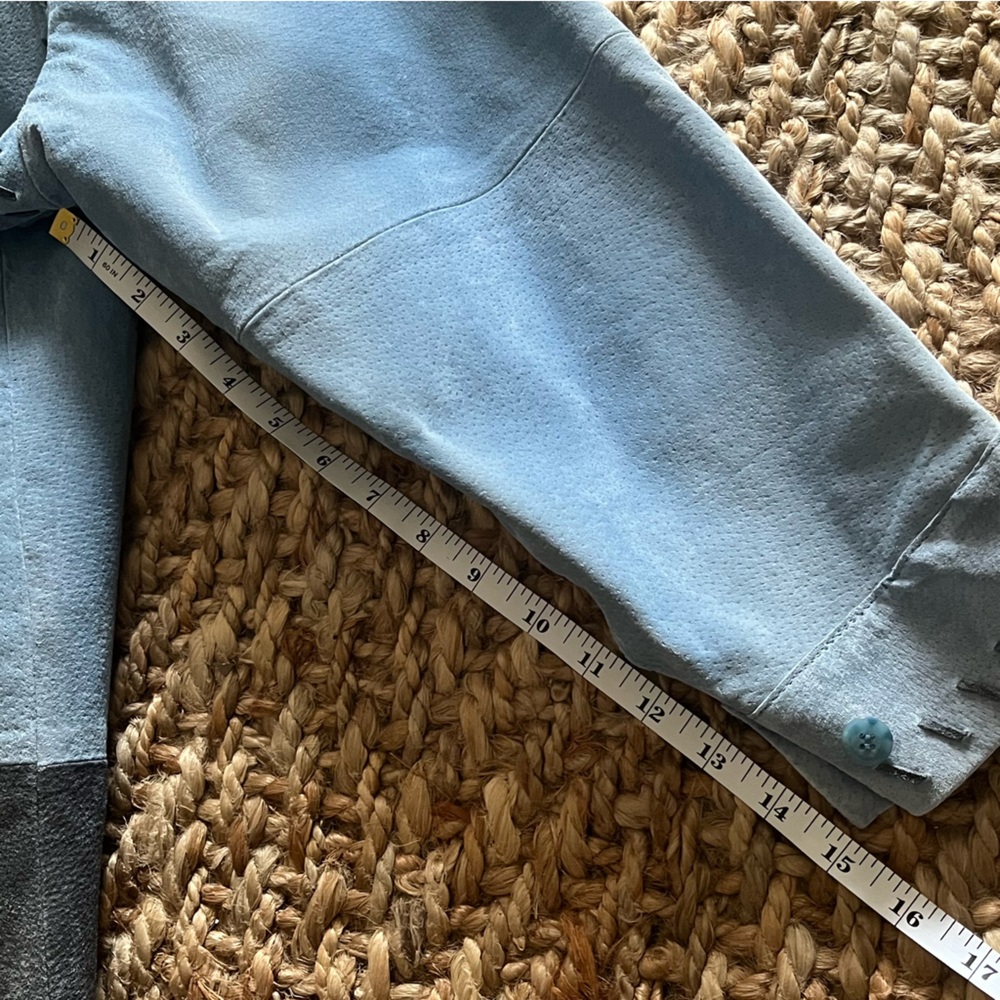 Suede Leather Barn Jacket L Blue Sunflowers Whipstitch Fall Boho Chore Quacker - Picture 16 of 16